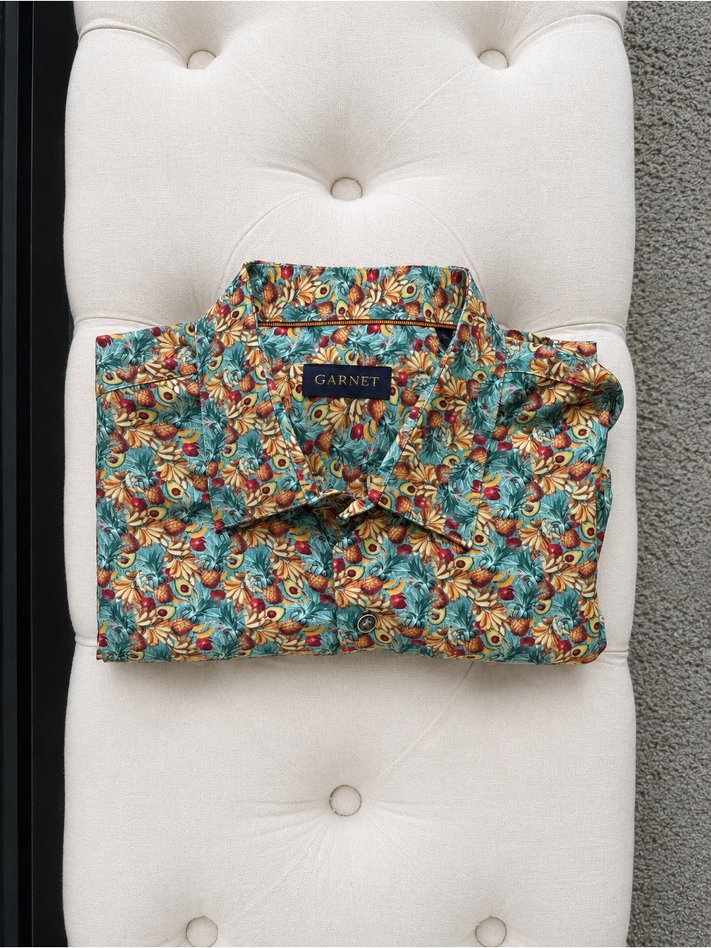 Garnet Tropical Fruit Print Button Front Camp Shirt Men’s XL Blue Hawaiian